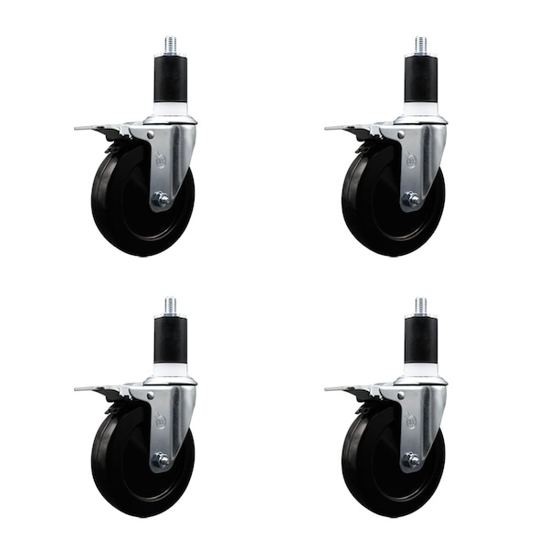 5'' SS Soft Rubber Swivel 1-1/2'' Expanding Stem Caster Set Total Lock Brake, 4PK